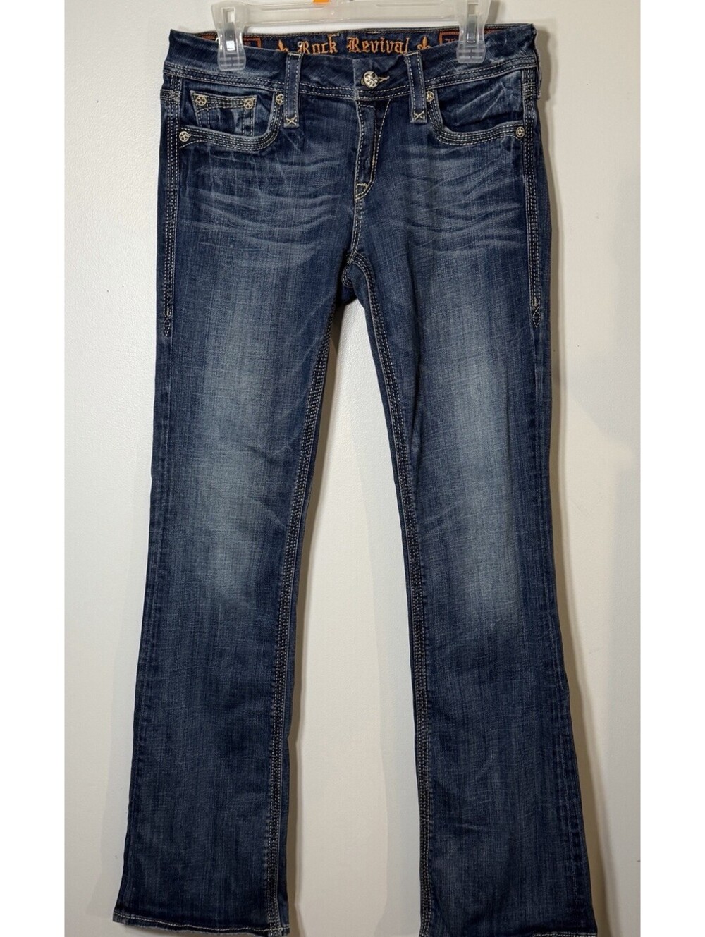 Rock Revival Cecilia Bootcut Jeans Drk Wash Thick Stitch Denim Cowgirl 30Tall